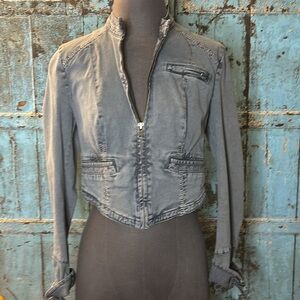 Free People Cropped Cotton Moto Jacket Green Gray Long Sleeves Ties Size 2